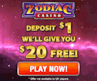 Zodiac Casino play for $1 and get $20 free chip bonus